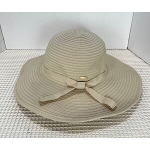 Coolibar UPF 50+ Womens Wide Brim Sun Hat Beige Ribbon Summer Beach